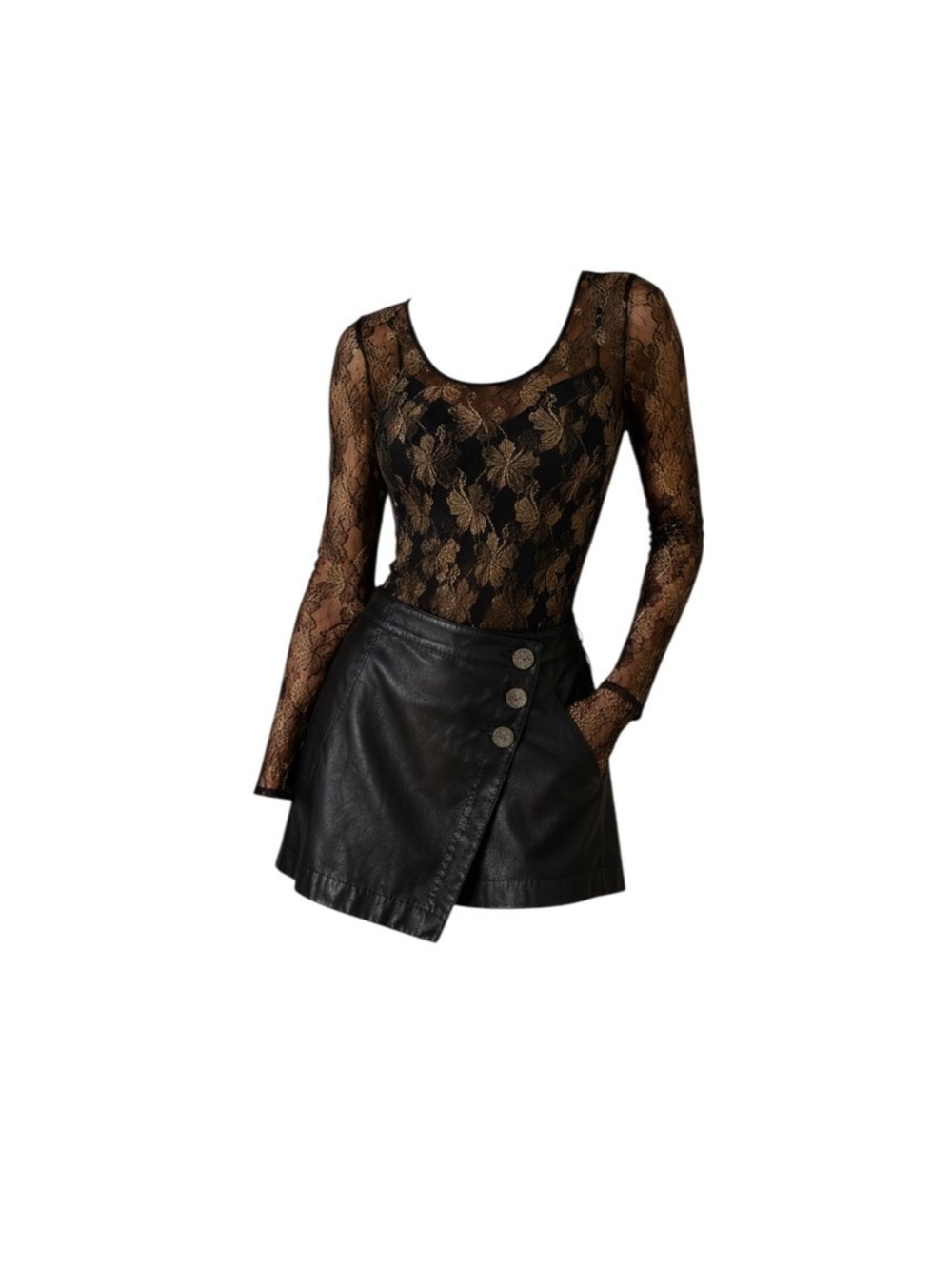 Cache Leather Skort & Lace Bodysuit Set